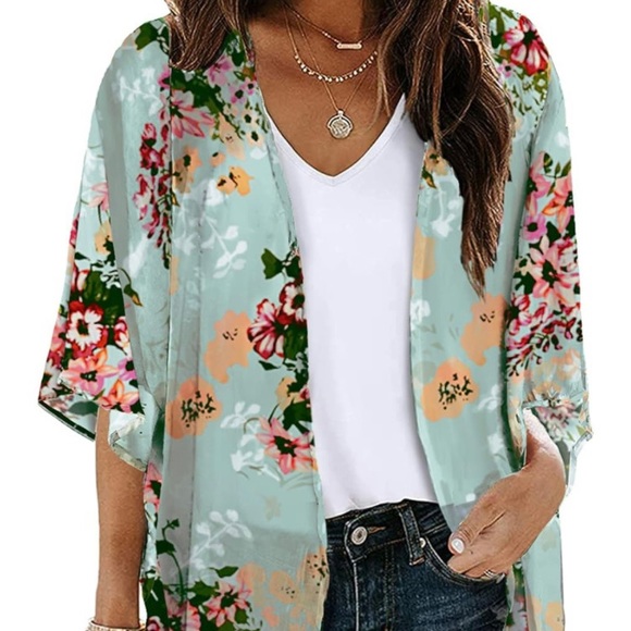 Floral Chiffon Kimono Cardigan Short Sleeve Blouse - Picture 9 of 9